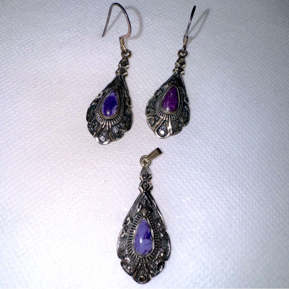 Vintage silver and purple gem earrings and necklace charm